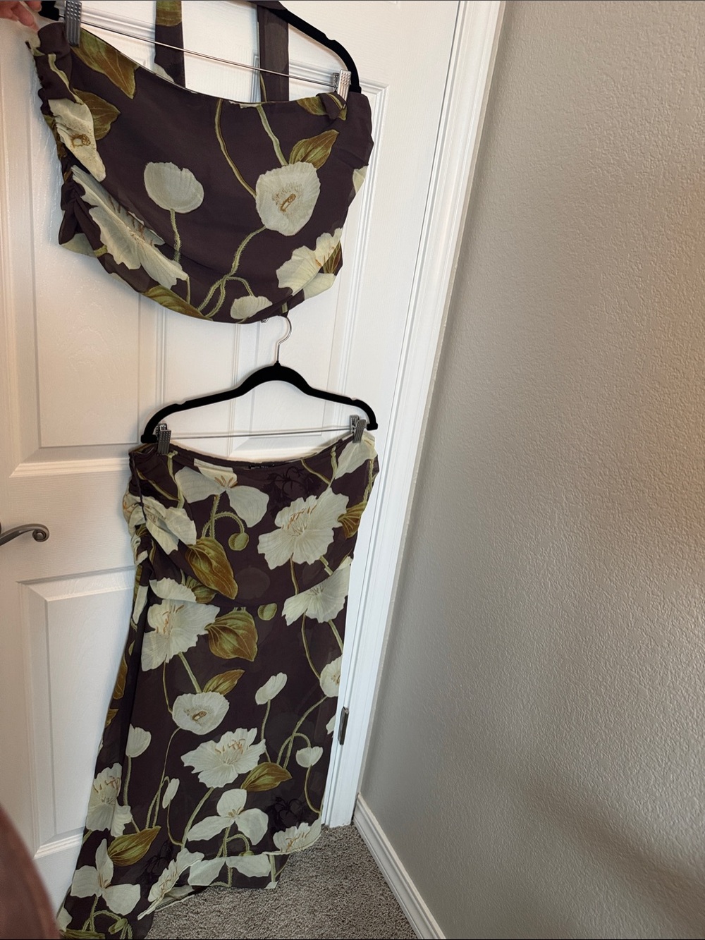 PrettyLittleThing Brown Floral Strapless Skirt Set